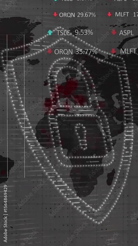 Aufkleber animation of security padlock, statistical and stock market data processing against world map
