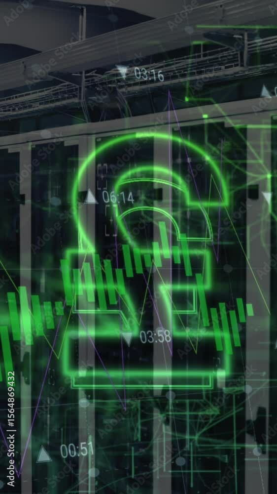 Aufkleber animation of pound symbol, green light trails and data processing against computer server room
