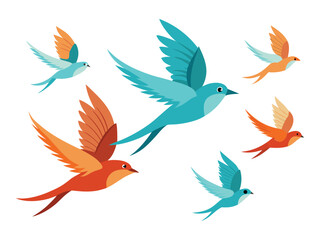 A flock of stylized birds in flight with blue and orange feathers
