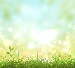 Obraz premium Beautiful blurred spring background with green grass and bokeh light effect, close-up.