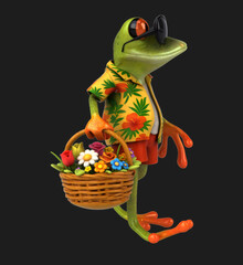 Fun 3D cartoon frog with flowers