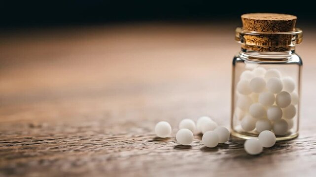 White pills in glass bottle on wooden table