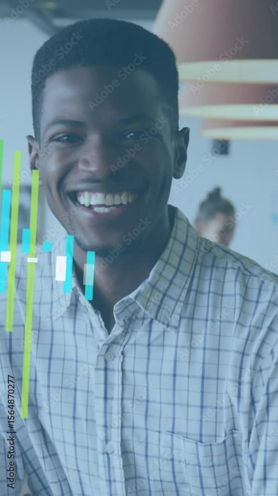 Poster animation of statistical data processing over portrait of african american man smiling at office