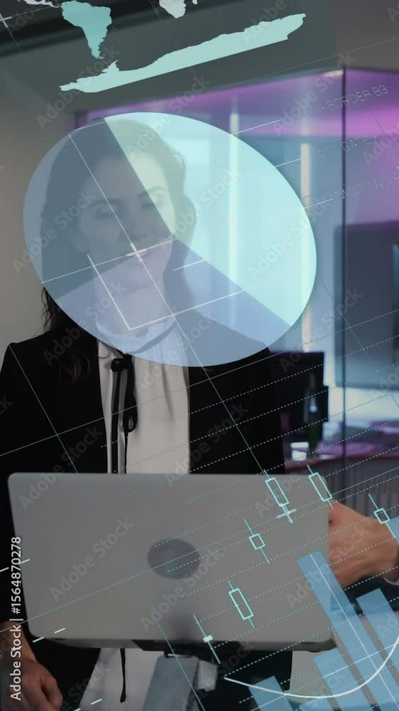 Poster animation of statistical data processing over diverse businesspeople shaking hands at office