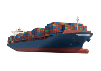 A large container ship carrying colorful cargo boxes isolated on transparent background, representing global trade and maritime transport