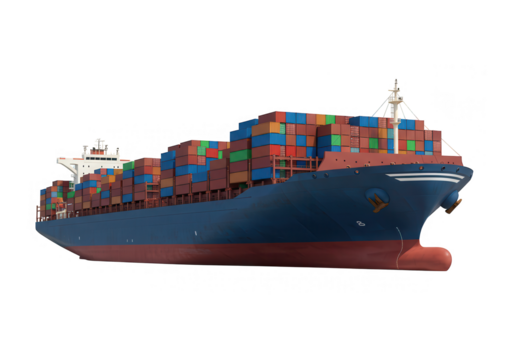 A large container ship carrying colorful cargo boxes isolated on transparent background, representing global trade and maritime transport