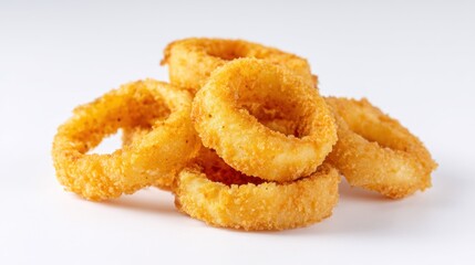 Pile of Crispy Golden Onion Rings on a White Background for Fast Food