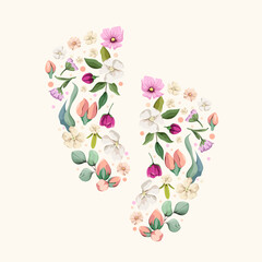 Flower baby footprints on a white background. Cute illustration for postcards, invitations, advertising, and social media. Vector.