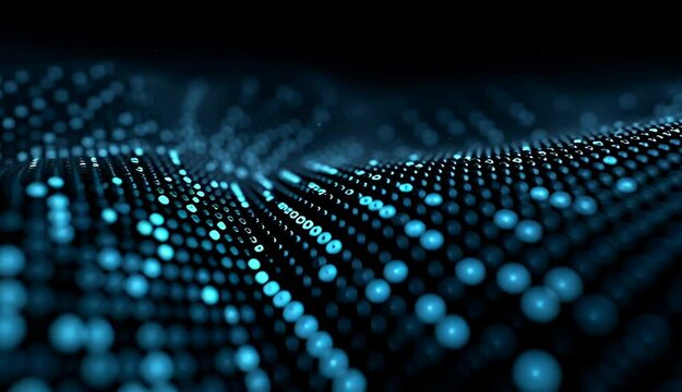 Digital binary code wave with glowing blue dots creating abstract technology background showing data flow and futuristic digital