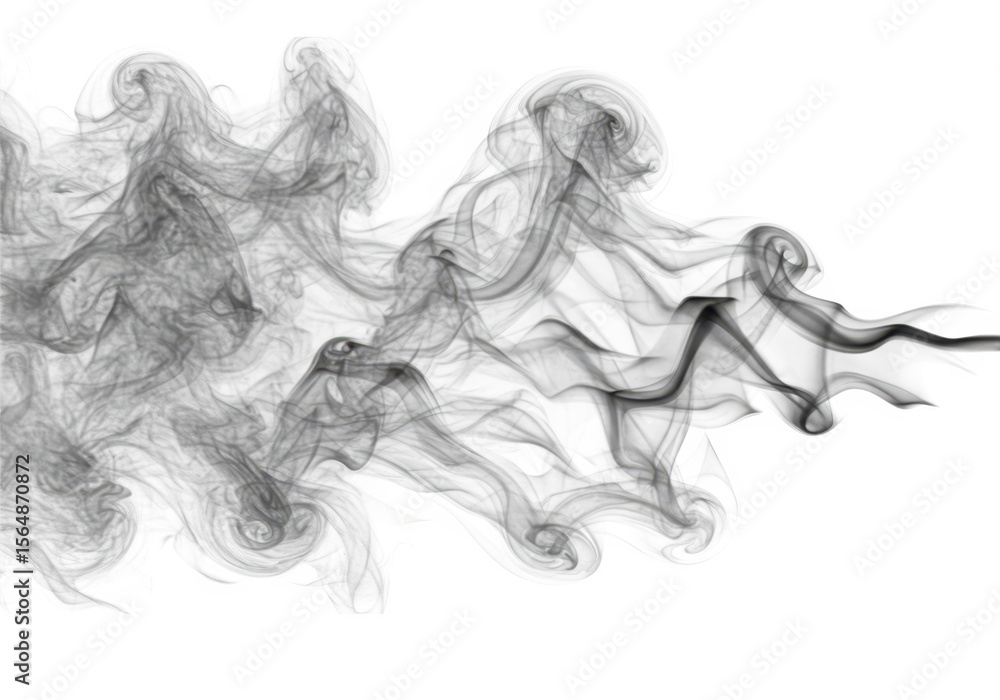 Poster abstract grey smoke wisps create intricate patterns, isolated on transparent background