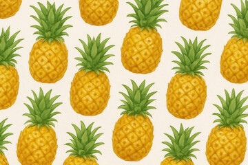 This seamless pattern showcases beautifully illustrated golden pineapples, each with lush green leaves, laid out evenly across a soft, neutral background. The bright colors and detailed design create 