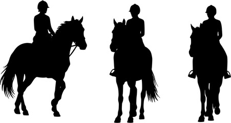 Naklejka premium Collection. Silhouette of a woman on a stylish horse. The girl is slender and beautiful rider. Lady for aesthetic decor, posters, stickers, logo. Vector illustrations set 