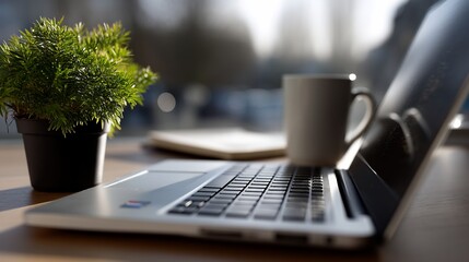 Laptop, coffee, and plant on a desk