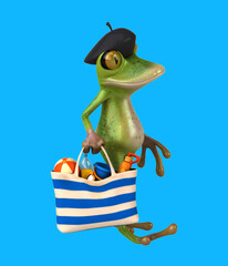Fun 3D cartoon frog with a beach bag