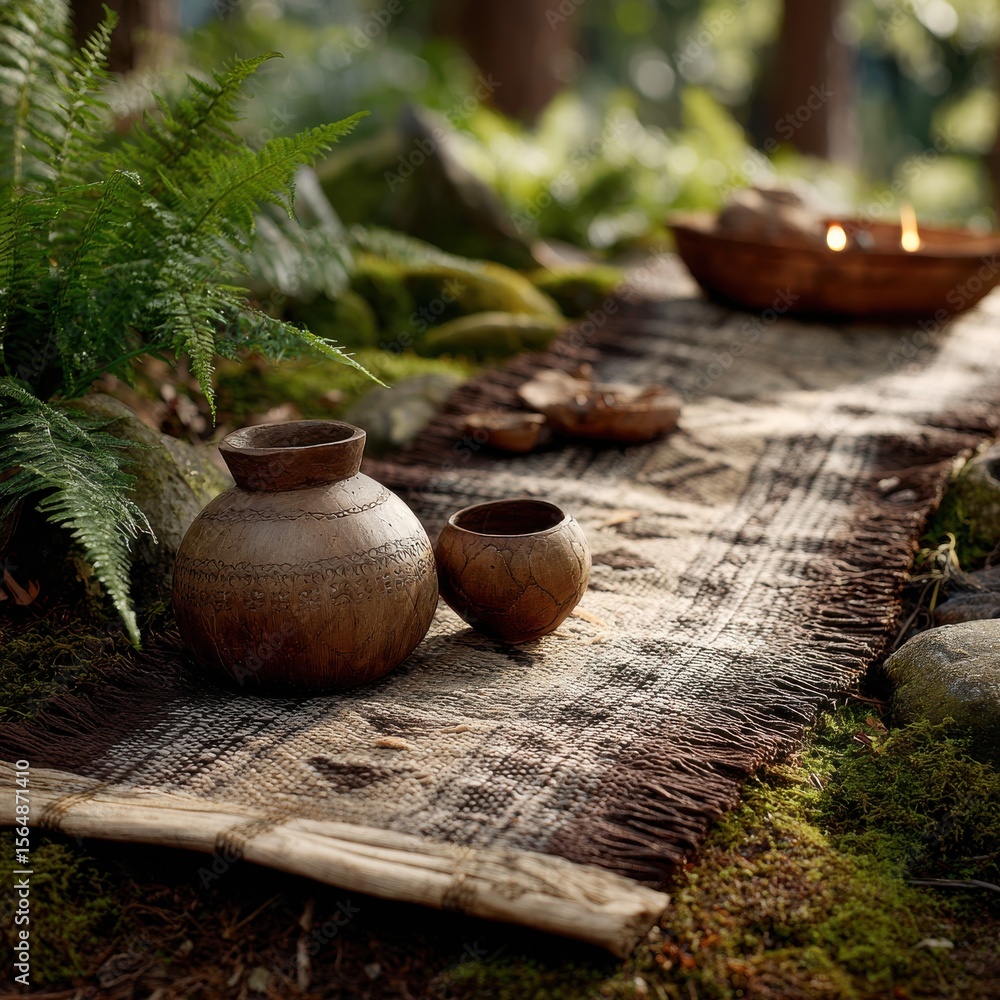 Poster a vase and two cups are on a rug in a forest setting