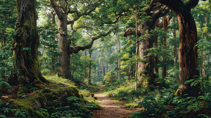 Fototapeta premium Beneath the Canopy: Exploring the Tranquil Beauty of an Ancient Upland Forest Teeming with Lush Vegetation and Sunlit Trails