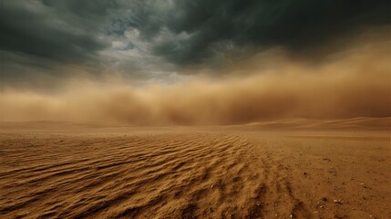 Massive sandstorm sweeping across vast desert dune under turbulent sky high wind erosion pattern dry cracked earth powerful nature force desert survival environment low angle ground view custom