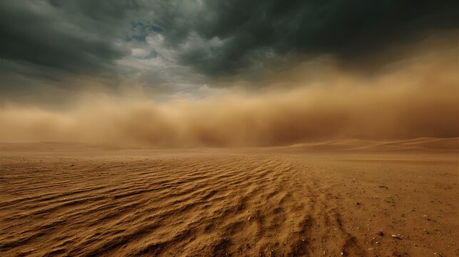 Massive sandstorm sweeping across vast desert dune under turbulent sky high wind erosion pattern dry cracked earth powerful nature force desert survival environment low angle ground view custom