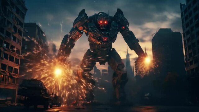 Giant Robot Attacks Destroyed City - Epic Sci-Fi Action