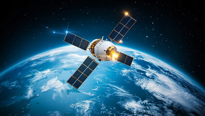 Satellite in space orbiting Earth, solar panels deployed