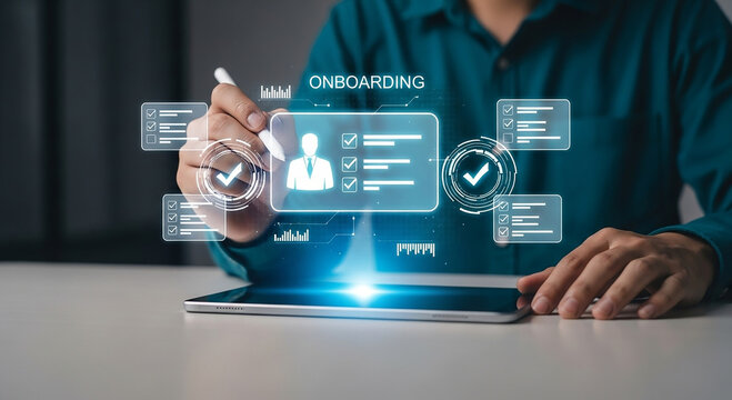 Person using digital interface for employee onboarding process with checklist and progress indicators