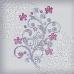 Floral design, imitation of paper work, quilling technique. Render of 3D model. Round openwork lace doily. Imitation of crochet.