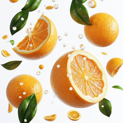 Oranges with green leaves surrounded by droplets on a white background highlight natural textures.