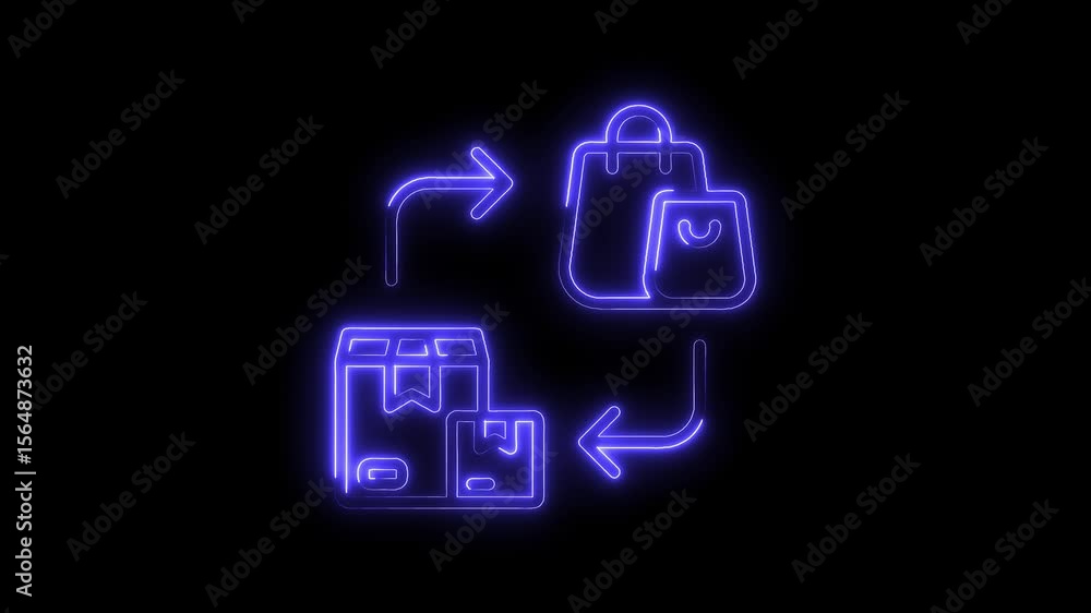 Poster neon glowing ecommerce loop animation showcasing product delivery and shopping process on black back