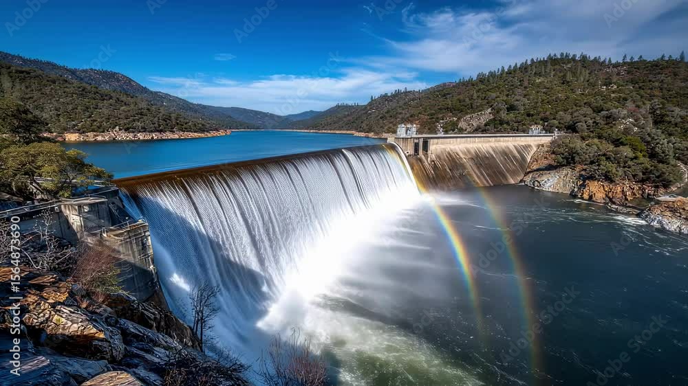 Poster water beautifully tumbles over the dams edge forming a colorful arc reminiscent of a rainbow while t