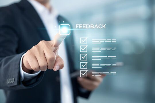 Digital feedback form interface, Businessman interacting with virtual online form. Perfect for customer feedback, survey UI, contact forms, digital onboarding, user experience in web applications.