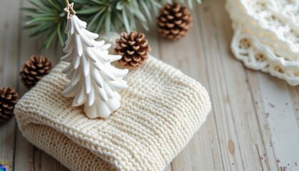 White Ceramic Christmas Tree Decor on Knitted Gift Box with Pine Cones and Green Fir Branches in Rustic Setting