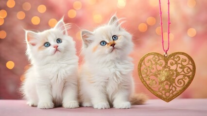 Two fluffy white British Shorthairs flank a vintage heart ornament against a soft pastel bokeh, retro heart, pretty Adorable fluffy kittens with innocent blue eyes, beside a golden heart, set against 