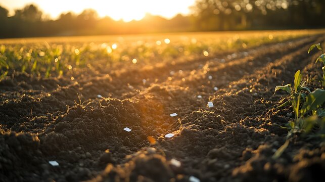 Field with biodegradable sensors scattered across the soil  - Powered by Adobe