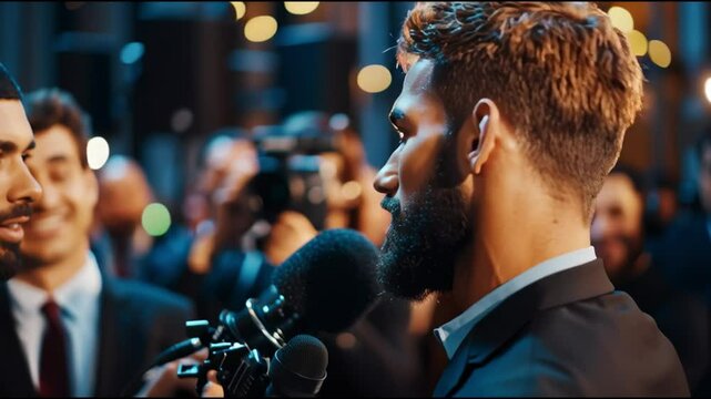 Journalist interviews celebrity at evening event surrounded by cameras and crowd
