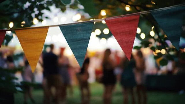 Magical outdoor festival at dusk with fluttering pennant flags, twinkling lights, and softly moving crowd