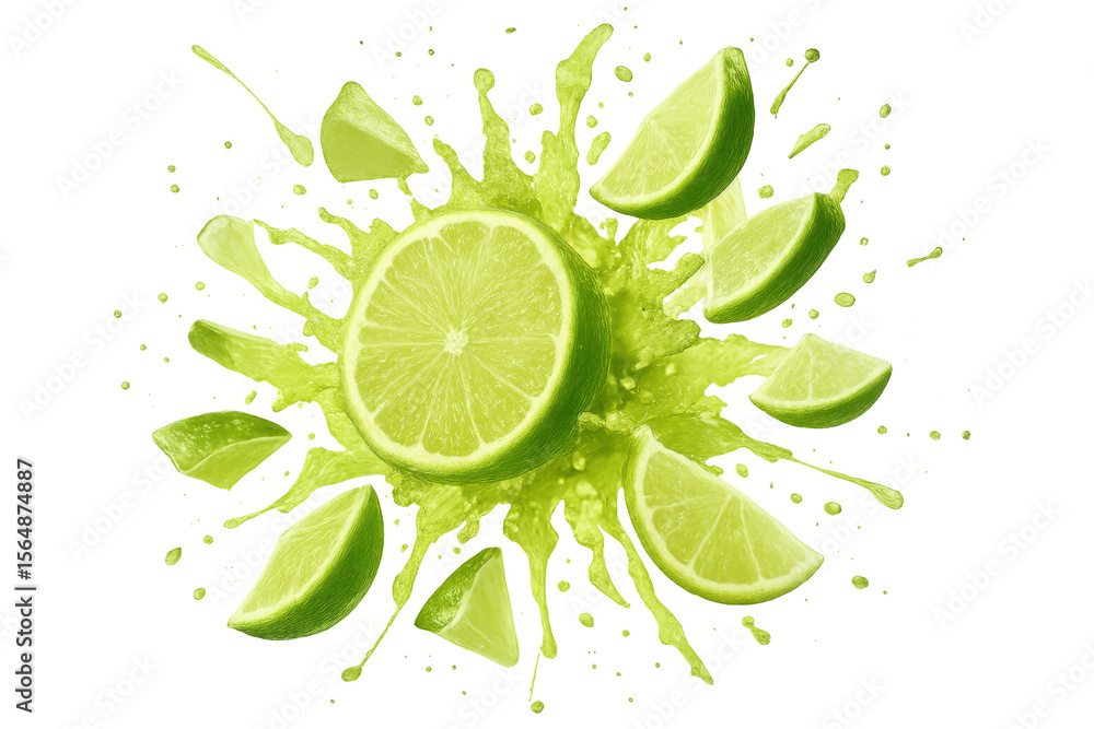 Poster lime slices and juice exploding on a transparent background, creating a refreshing and dynamic visua