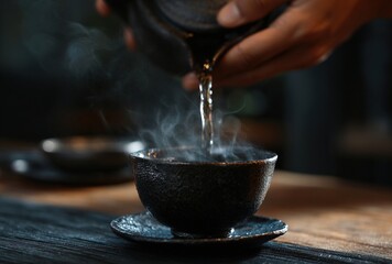 Master conducting traditional tea ceremony at table, closeup. High quality
