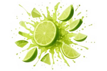 Lime slices and juice exploding on a transparent background, creating a refreshing and dynamic visual
