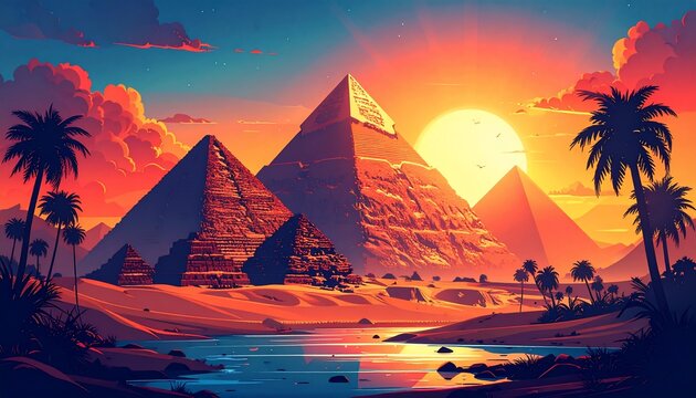 Sunset over the Pyramids of Giza, Egypt