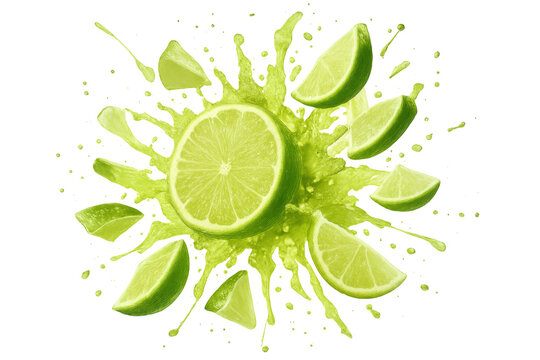 Lime slices and juice exploding on a transparent background, creating a refreshing and dynamic visual