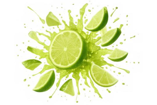 Lime slices and juice exploding on a transparent background, creating a refreshing and dynamic visual
