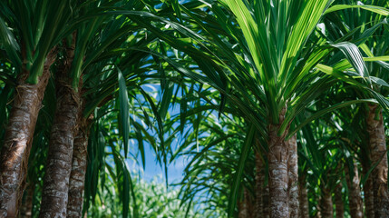 Crisscrossing sugarcane leaves forming natural canopy, filtered sunlight dappling the stalks, visual metaphor for sustainable farming and renewable future