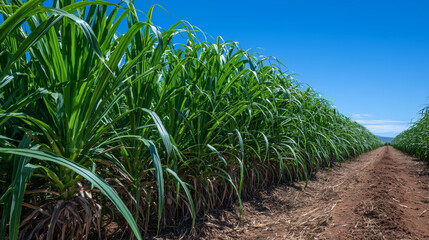 Rows of sugarcane align like soldiers under the sun, strong vertical stalks with lush green crowns, a pristine example of biomass production under ideal conditions