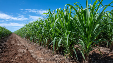 Rows of sugarcane align like soldiers under the sun, strong vertical stalks with lush green crowns, a pristine example of biomass production under ideal conditions