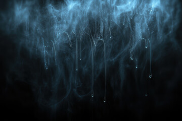 Abstract blue smoke with dripping water drops on dark background