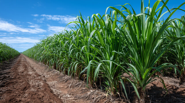 Rows of sugarcane align like soldiers under the sun, strong vertical stalks with lush green crowns, a pristine example of biomass production under ideal conditions