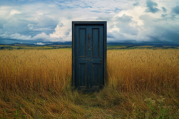 Mysterious door stands alone in a golden field under a dramatic sky