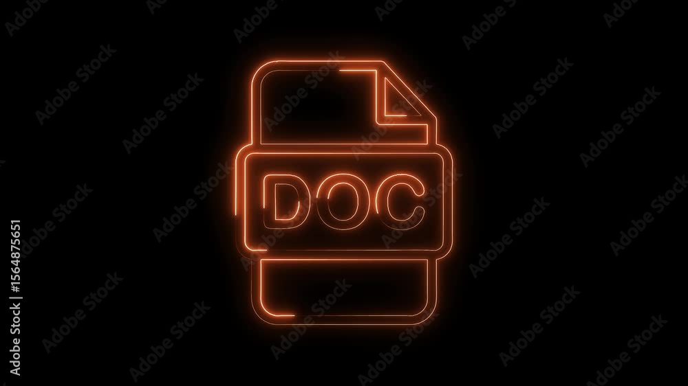 Poster animated doc file icon with glowing neon light effect on black background