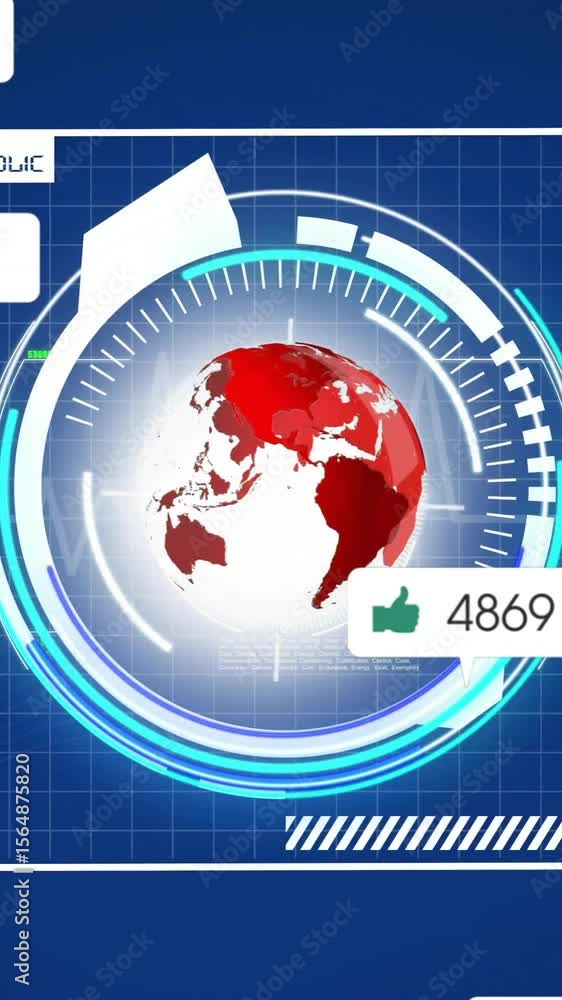 Poster animation of icons and data processing with globe over screen
