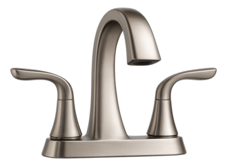 Double handle faucet with a brushed nickel finish, offering precise water temperature control for a family bathroom.